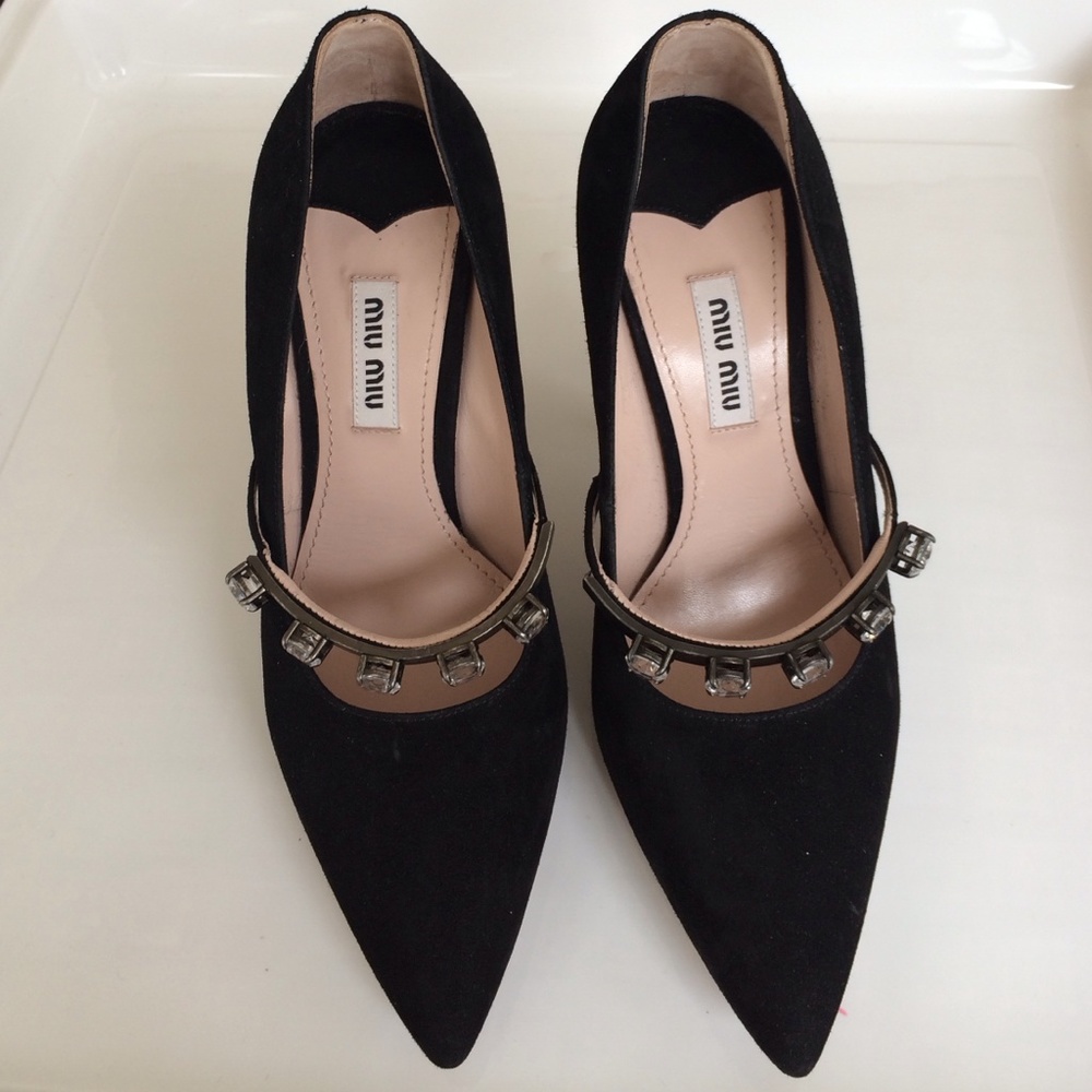 Prada Mui Mui jeweled pointed black suede pumps